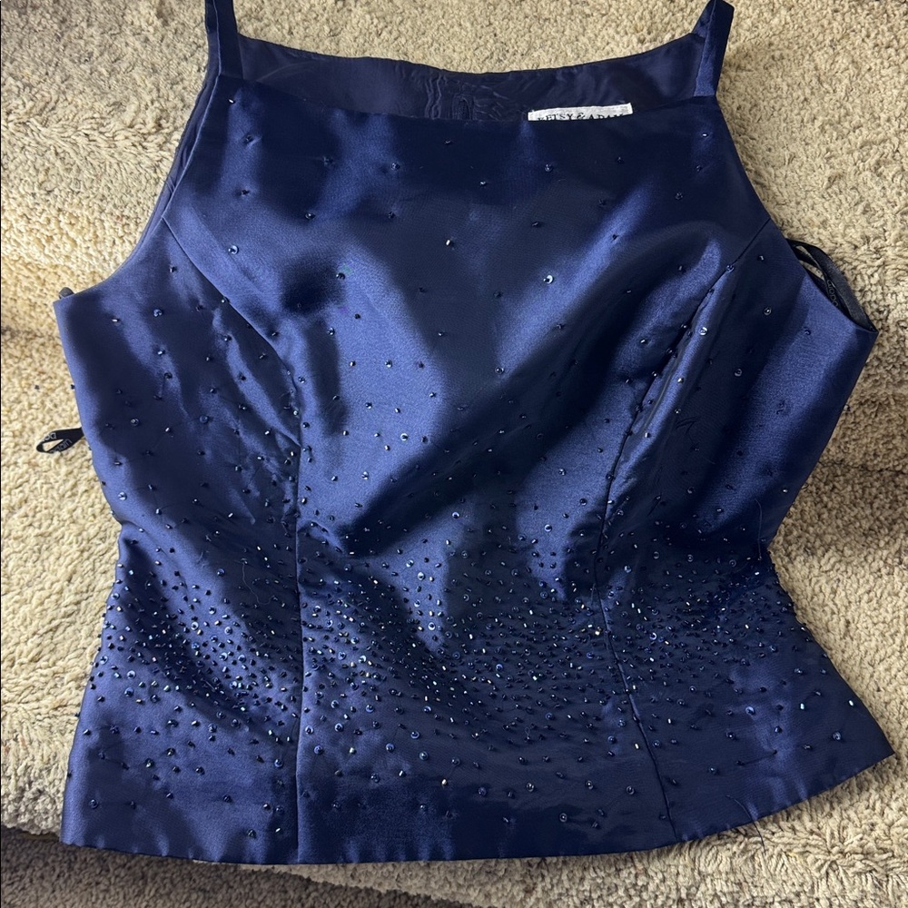 Betsy & Adam by Jaslene Deep Blue Beaded and Sequined Gown Top Sz 10 FLAWED